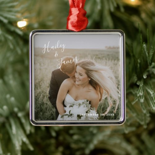 Simple Modern Elegant Photo Newlywed Metal Ornament