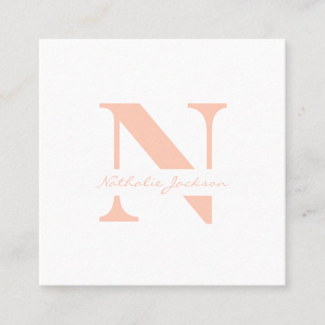 Simple modern elegant plain peach monogrammed square business card (Front)