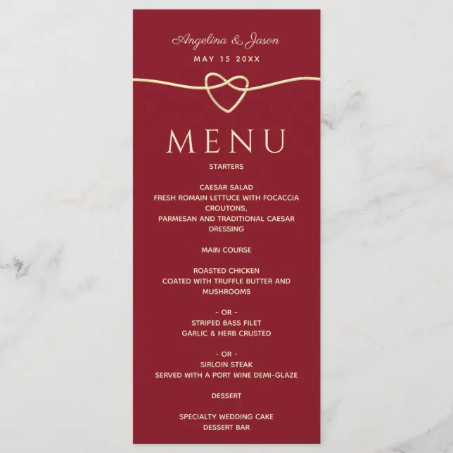 Simple Modern Elegant Red and Gold Heart Wedding Menu | Zazzle