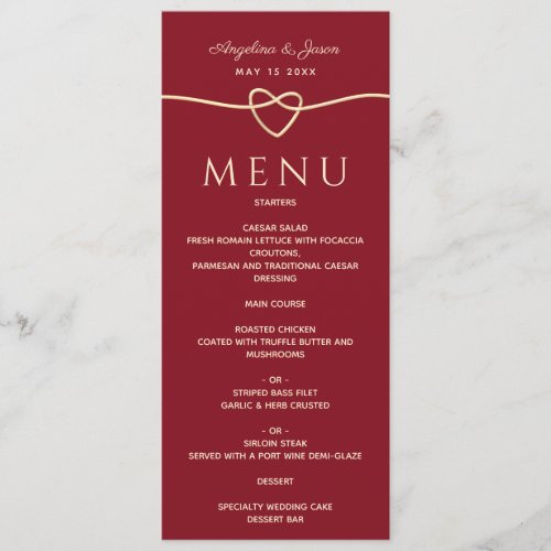 Simple Modern Elegant Red and Gold Heart Wedding Menu