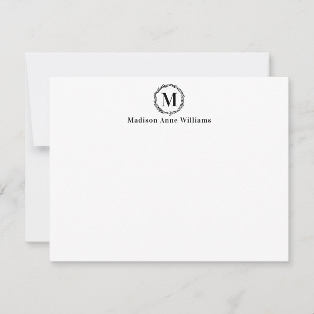 Simple Modern Elegant Rustic Wreath Monogram Black Note Card (Front)