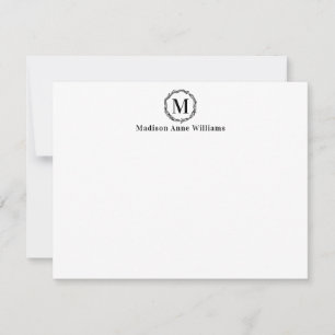 Simple Modern Elegant Rustic Wreath Monogram Black Note Card
