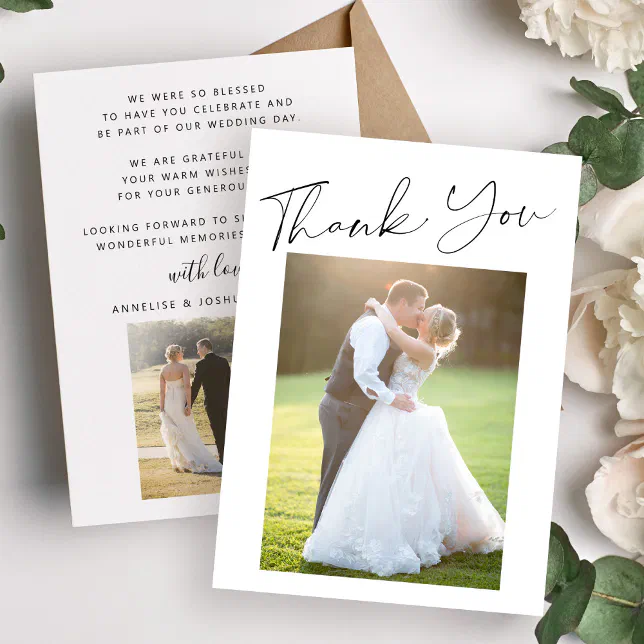 Simple modern elegant script 2 photos wedding thank you card | Zazzle