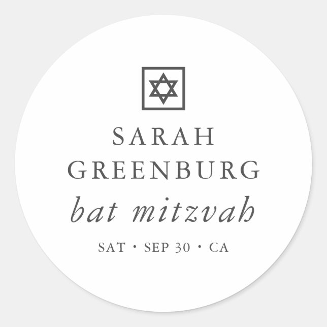 Simple Modern Elegant Star of David Bat Mitzvah Classic Round Sticker (Front)