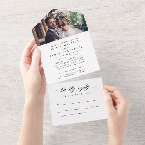 Simple Modern Elegant Stylish Photo RSVP Wedding All In One Invitation