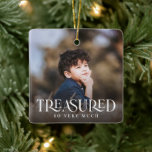 Simple Modern Elegant Treasured 2 Photo Christmas Ceramic Ornament<br><div class="desc">This stylish photo Christmas ornament boasts modern styled typography, reading, "Treasured" (so very much) at the bottom. It contains separate photo templates for the back and the front, as well as text templates for name and year. Perfect for kid photos and makes a great gift for a grandparent or other...</div>