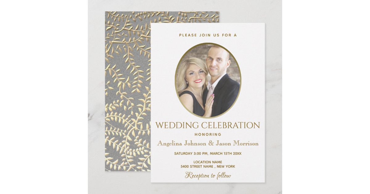 Simple Modern Elegant White Gold Wedding Photo Invitation | Zazzle
