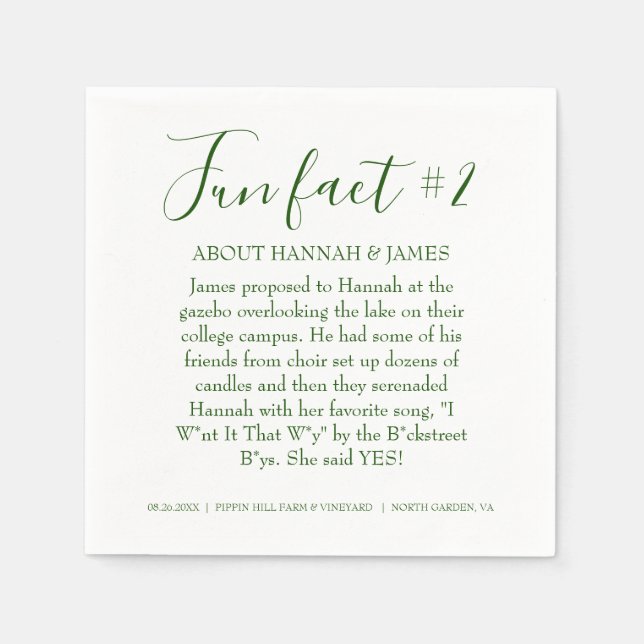 Simple Modern Emerald Green Fun Fact 2 Wedding Napkins (Front)
