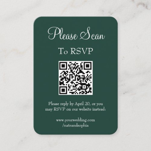 Simple Modern Emerald Green Wedding Scan QR Code Enclosure Card