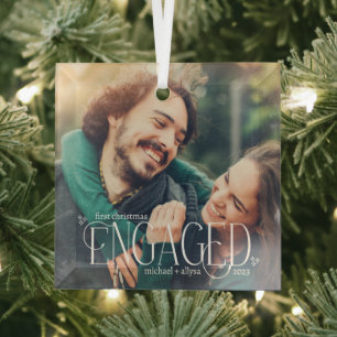 Simple Modern Engaged Overlay Photo First Xmas Glass Ornament