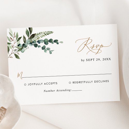 Simple Modern Eucalyptus Greenery Gold Wedding RSVP Card