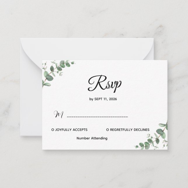 Simple Modern Eucalyptus Greenery Wedding RSVP Car Note Card (Front)