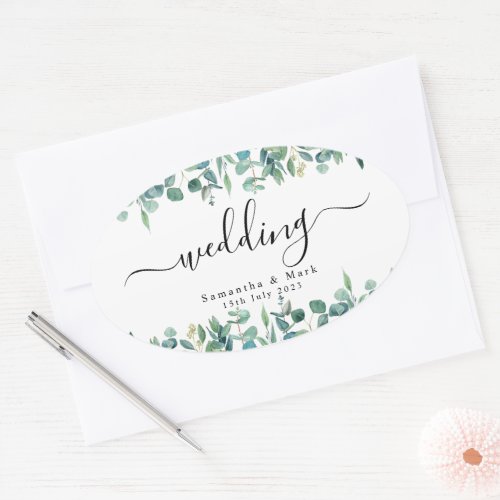 Simple Modern Eucalyptus Wedding Oval Sticker