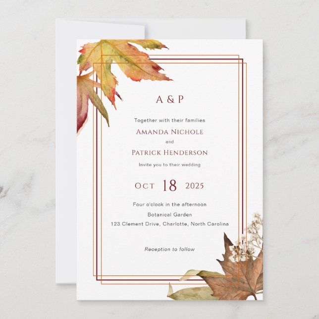 Simple Modern Fall Leaves Garden wedding Invitation (Front)