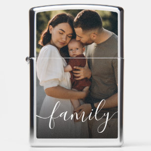 Simple Modern "Family" Handwritten Script Photo Zippo Lighter
