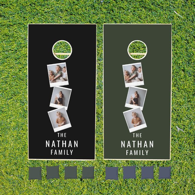 Simple Modern Family Name & 3 Photo  Cornhole Set (Creator Uploaded)