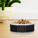 Simple Modern Farmhouse Style Stripe Pet Name<br><div class="desc">Cute modern farmhouse style pet bowl for dogs or cats features your pet's name in handwritten style white lettering on a charcoal gray background with striped accents.</div>
