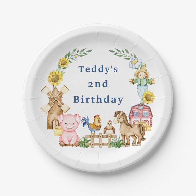 Simple modern farmyard kids birthday  paper plates (Front)