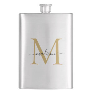Simple Modern Faux Gold Monogram Girly Script Name Flask