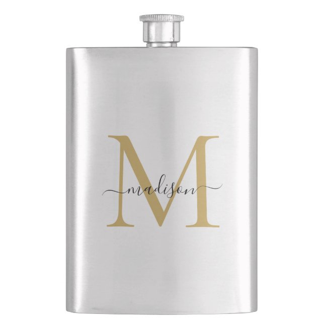 Simple Modern Faux Gold Monogram Girly Script Name Flask (Front)