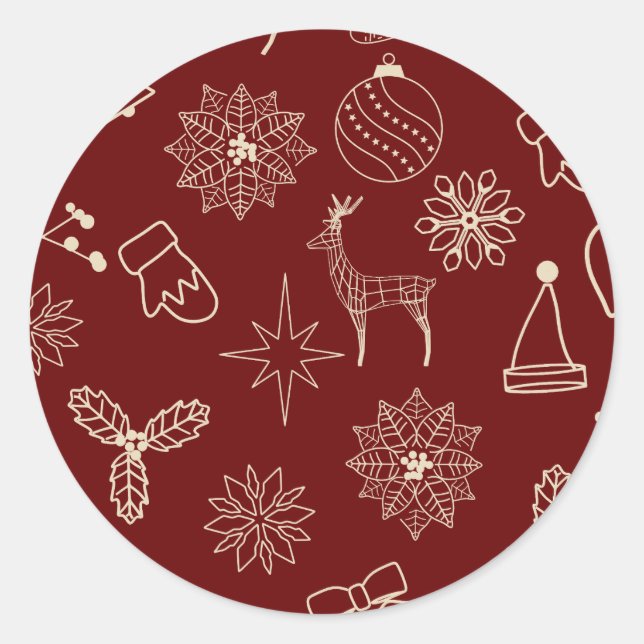Simple Modern Festive Red Cute Christmas Pattern  Classic Round Sticker (Front)