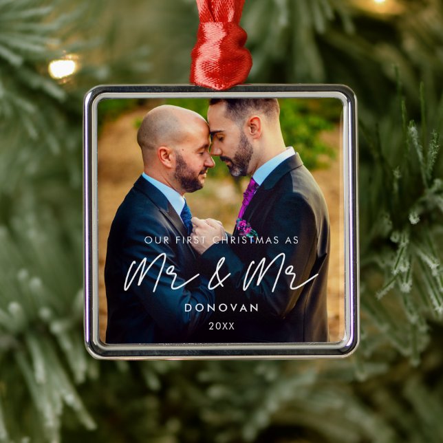 Simple Modern First Christmas as Mr & Mr Photo Metal Ornament (Tree)