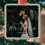 Simple Modern First Christmas as Mr & Mrs Photo Metal Ornament<br><div class="desc">Our first Christmas as Mr and Mrs,  newlywed milestone photo ornament. A modern typography for this photo ornaments collection. To customize with your favorite picture. You can also easily change the color of the font to your liking.</div>