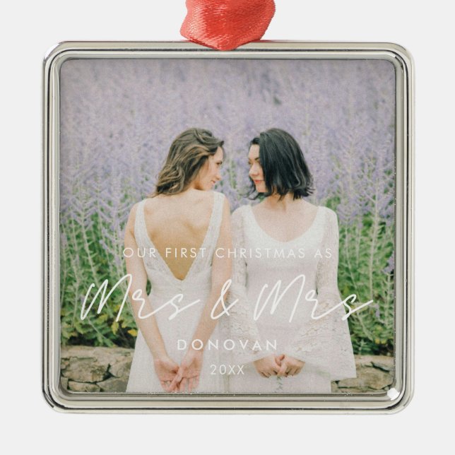 Simple Modern First Christmas as Mrs & Mrs Photo Metal Ornament (Front)