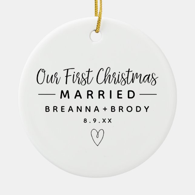 Simple Modern First Christmas Married Photo Ceramic Ornament (Front)