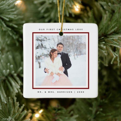 Simple Modern First Christmas Mr and Mrs 2 Photos Ceramic Ornament