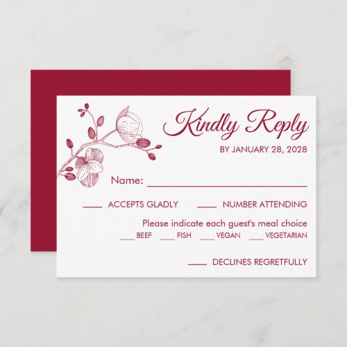 Simple modern floral elegant orchids meal choice RSVP card