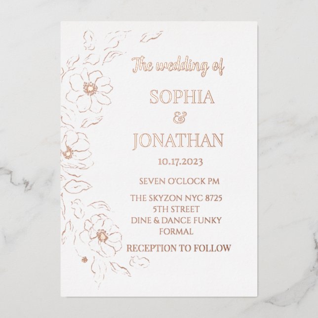 Simple modern floral gold foil wedding  invitation (Front)