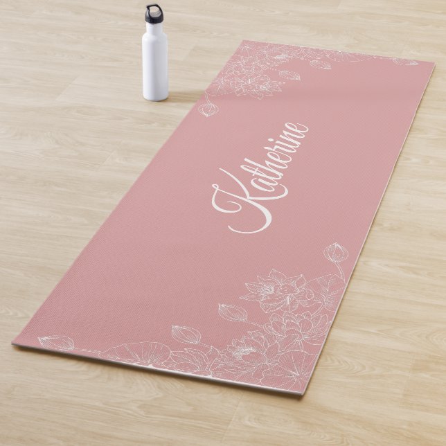Simple Modern Floral Script Name Blush Pink Lotus Yoga Mat (In Situ)