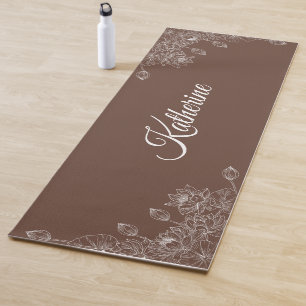 Simple Modern Floral Script Name Brown Lotus Yoga Mat