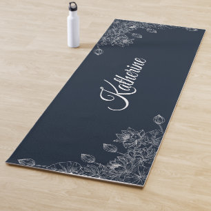 Simple Modern Floral Script Name Navy Blue Lotus Yoga Mat