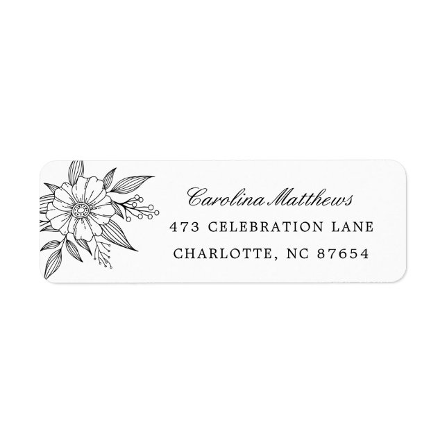 Simple Modern Floral Wedding Black Return Address Label (Front)