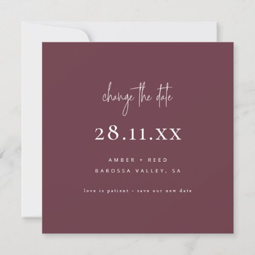 Simple Modern Font Square Burgundy Change The Date Invitation