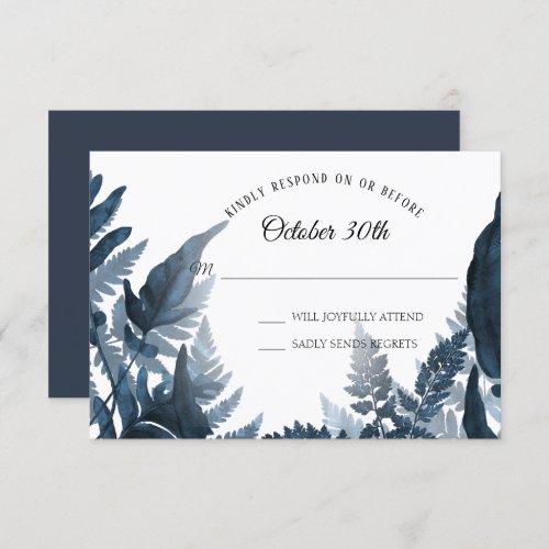 Simple Modern Forest Fern Blue and White RSVP Invitation
