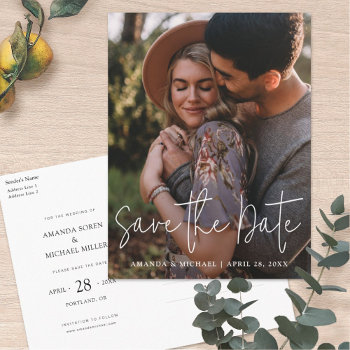 Simple Modern Full Photo Wedding Save The Date Invitation Postcard by goattreedesigns at Zazzle