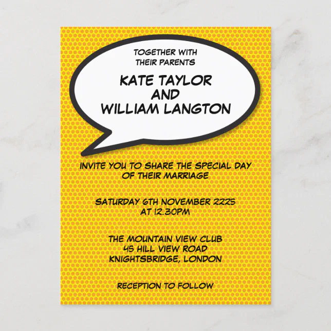 Simple Modern Fun Comic Book Wedding Invitation Postcard | Zazzle