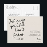 Simple Modern Funny Cream Moving Announcement  Postcard<br><div class="desc">A simple modern moving announcement design in black and white with a funny quote that reads "Just in case you'd still like to find us" and you can personalize the rest of the message "and send us Christmas cards", add your new address, signature and a short message on the back....</div>