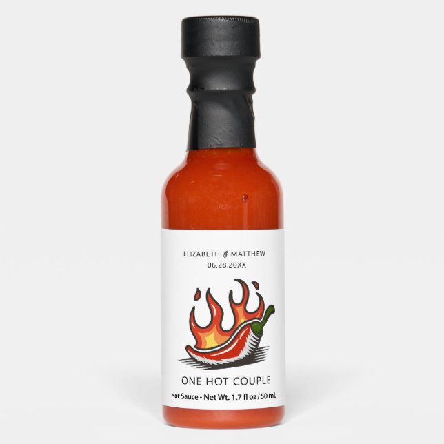 Simple Modern Funny One Hot Couple Wedding Favor Sauces (Front)