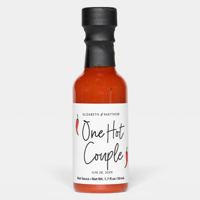 Simple Modern Funny One Hot Couple Wedding Favor Sauces (Front)