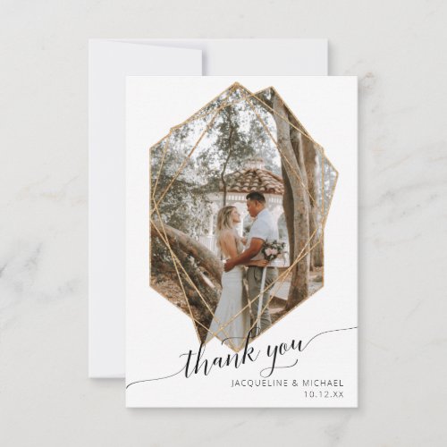Simple Modern Geometric Gold Glitter Floral Photo Thank You Card