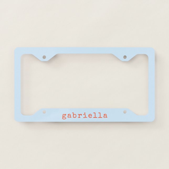 Simple Modern Girly Cute Monogram Name Blue Orange License Plate Frame (Front)