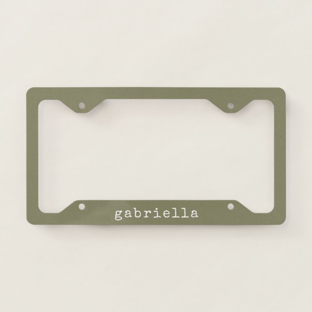 Simple Modern Girly Cute Monogram Name Olive License Plate Frame (Front)