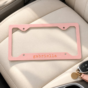 Simple Modern Girly Cute Monogram Name Pink Orange License Plate Frame