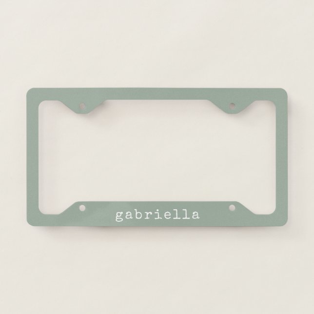 Simple Modern Girly Cute Monogram Name Sage Green License Plate Frame (Front)
