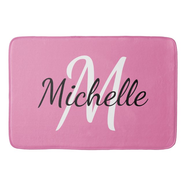  Simple Modern Girly Pink Monogram Initial + Name Bath Mat (Front)