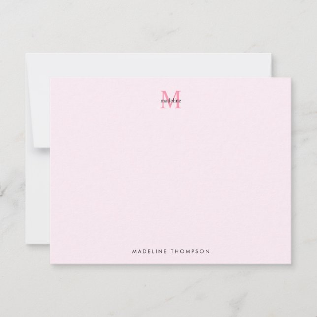 Simple Modern Girly Pink Monogram Note Card (Front)